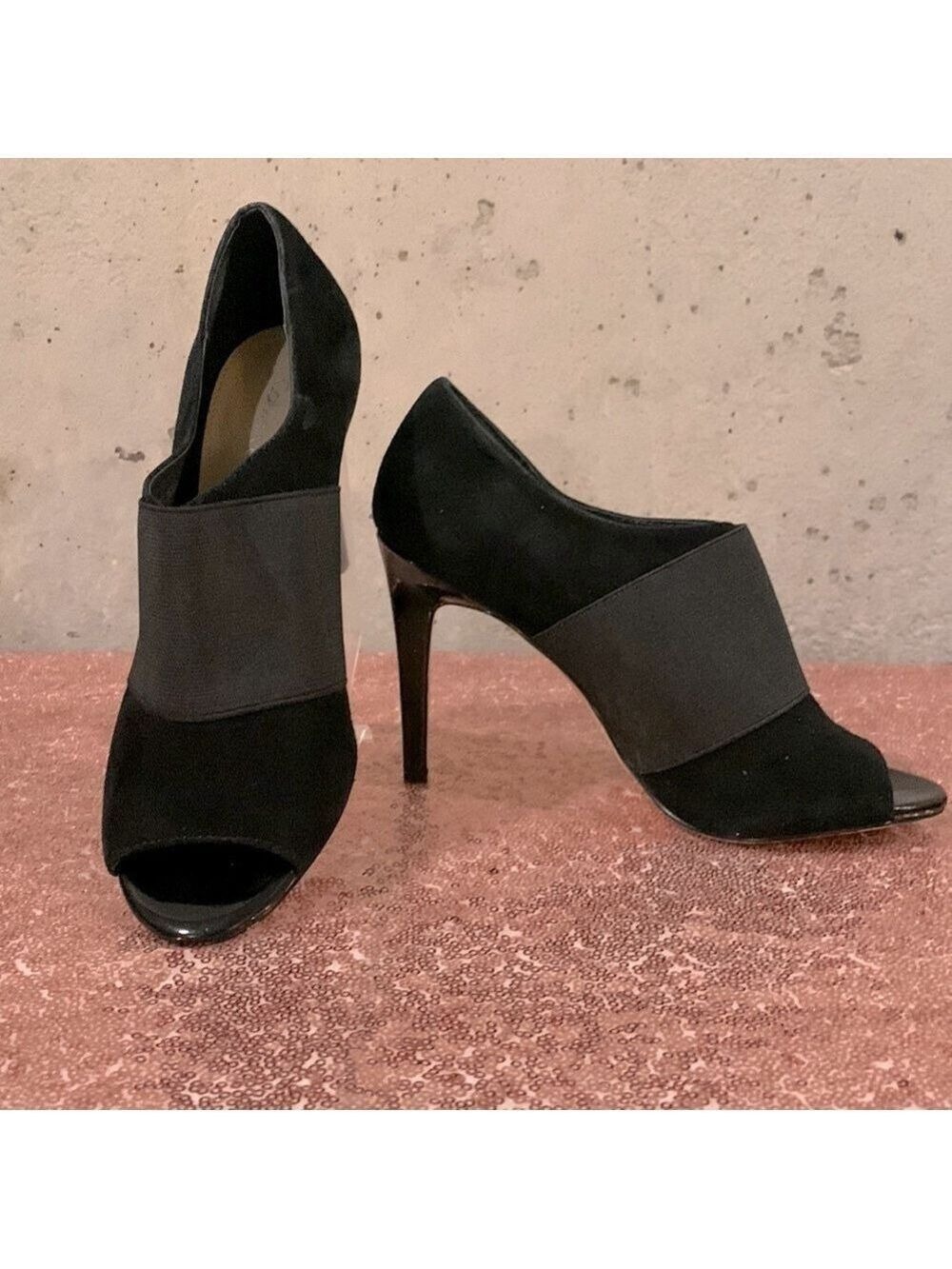 Calvin Klein Black Suede Shandy Peep-Toe Booties - Size 7
